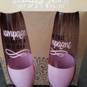 STEMLESS CHAMPAGNE FLUTES PAIR - PINK & CLEAR - NEW IN BOX SS1